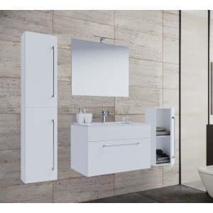 badeværelsesmøbelsæt - spejlglas, keramik og hvid melamin (sæt af 5)