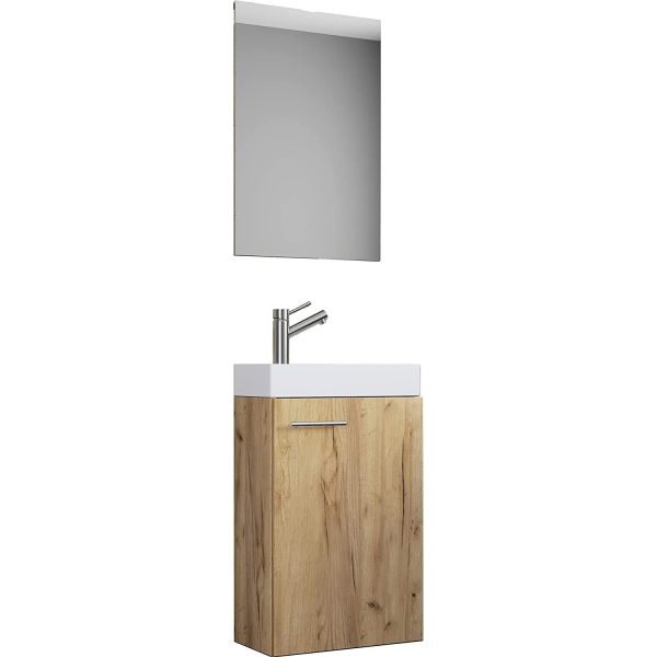 Badeværelsessæt med underskab, spejl og keramisk vask, 70 x 41 x 22 cm, farve: naturfarvet honning eg
