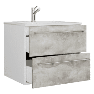 Badeværelsessæt, underskab og keramisk håndvask, h. 52 x b. 61 eller 81 x d. 46 cm, beton-look, grå