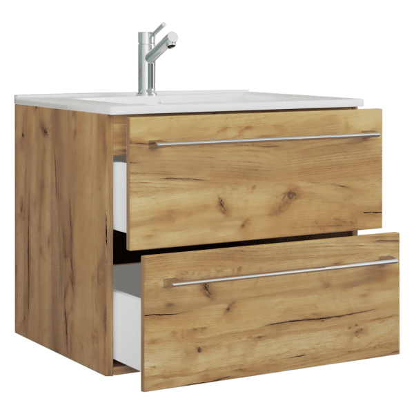 Badeværelsessæt, underskab og keramisk håndvask, h. 52 x b. 61 eller 81 x d. 46 cm, eg honning naturfarvet