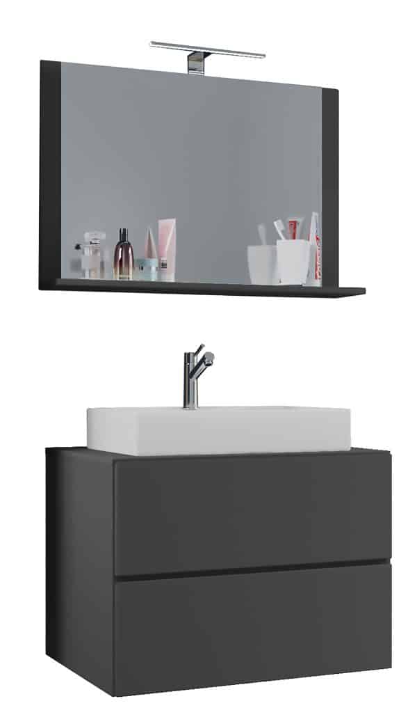 Underskab med keramisk vask og spejl, H. 52 x B. 81 x D. 46 cm, grå