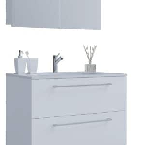 Underskab med keramisk vask og spejl, H. 86 x B. 80 x D. 46 cm, hvid