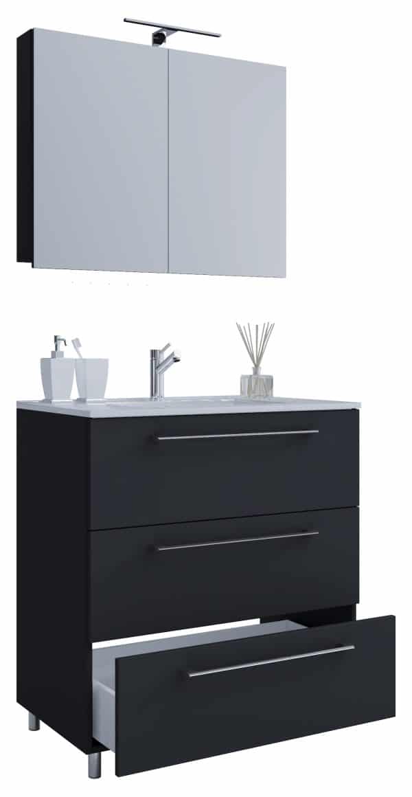 Underskab med keramisk vask og spejl, H. 86 x B. 80 x D. 46 cm, sort