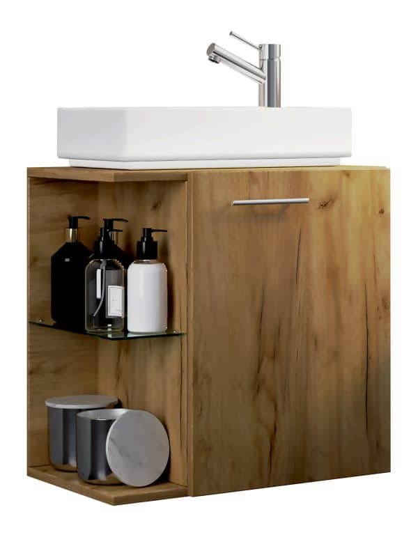 Badeværelsessæt med underskab og keramisk håndvask, h. 63 x b. 52 x d. 34 cm, naturfarvet