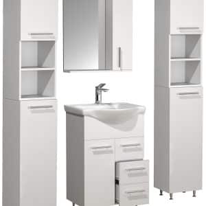 Badeværelsessæt med 5 dele, 2 høje skabe, spejlskab, underskab og keramisk vask, hvid