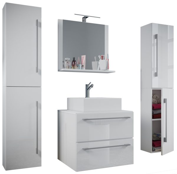 Badeværelsessæt med 5 dele, 2 x høje skabe, underskab, spejl og keramisk håndvask, hvid
