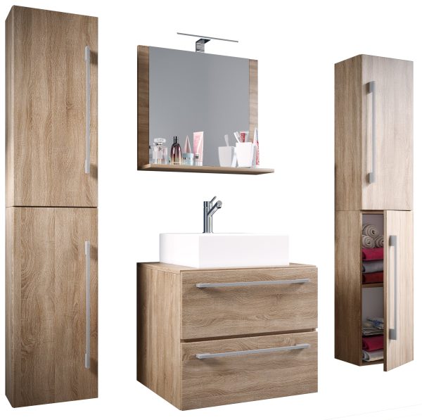Badeværelsessæt med 5 dele, 2 x høje skabe, underskab, spejl og keramisk håndvask, naturfarvet