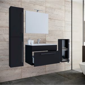 Badeværelsessæt med spejl, underskab, håndvask og skabe, sort