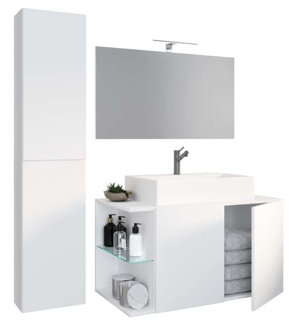Badeværelsessæt med underskab, højt skab, spejl og håndvask, hvid