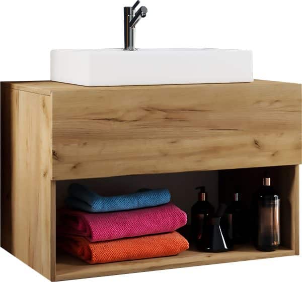 Badeværelsessæt med underskab og håndvask, h. 17 x b. 60 x d. 42 cm, naturfarvet