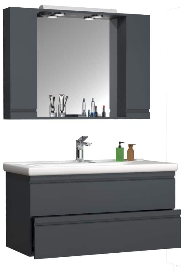 Badeværelsessæt med underskab, håndvask og vægspejl, H. 54 x b. 100 x d. 46 cm, grå