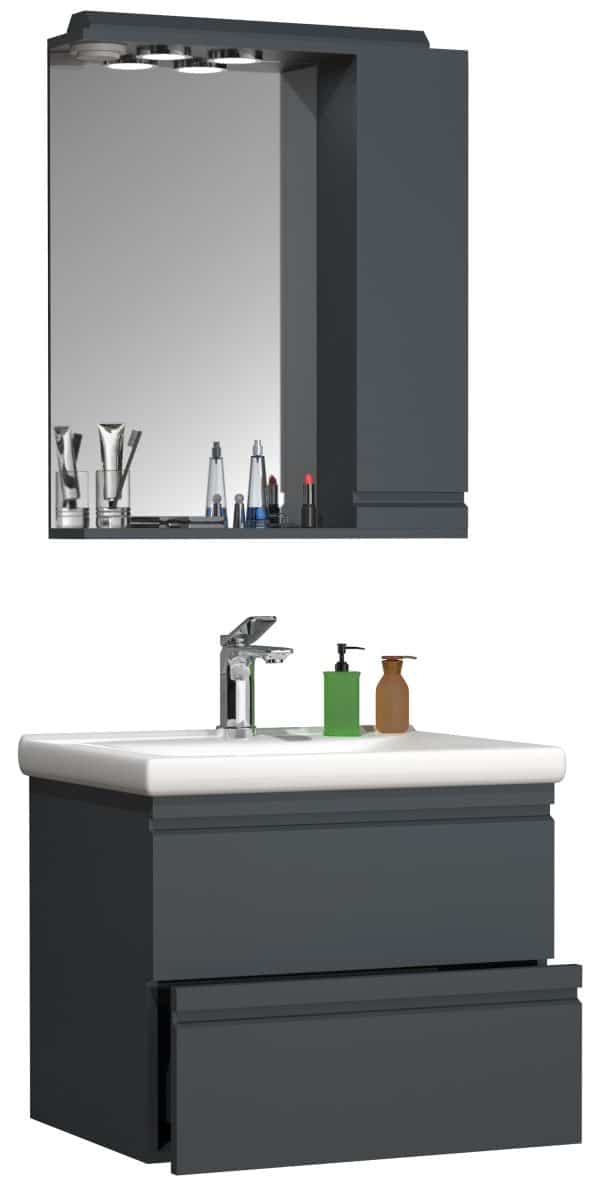 Badeværelsessæt med underskab, håndvask og vægspejl, H. 54 x b. 60 x d. 46 cm, antracit