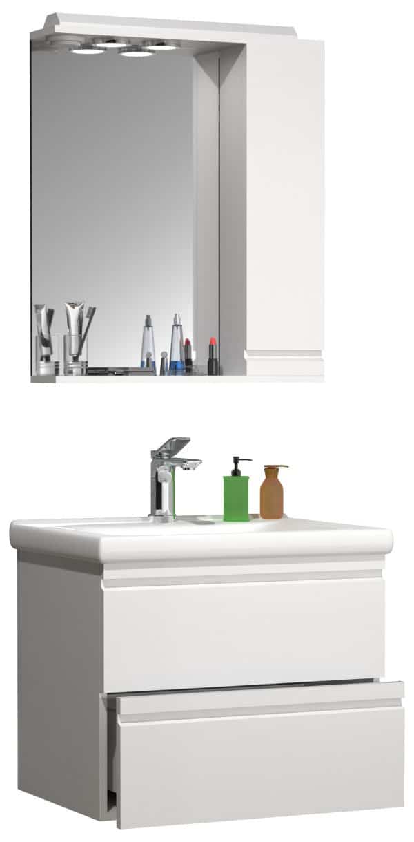 Badeværelsessæt med underskab, håndvask og vægspejl, H. 54 x b. 60 x d. 46 cm, hvid