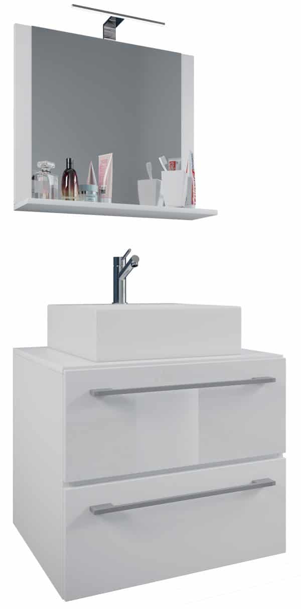 Badeværelsessæt med underskab, håndvask og vægspejl, h. 52 x b. 60 x d. 46 cm, hvid