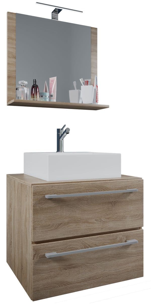 Badeværelsessæt med underskab, håndvask og vægspejl, h. 52 x b. 60 x d. 46 cm, naturfarvet