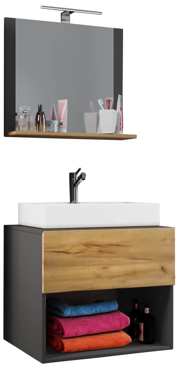 Badeværelsessæt med underskab, håndvask og vægspejl, h. 52 x b. 60 x d. 52 cm, antracit med naturfarve