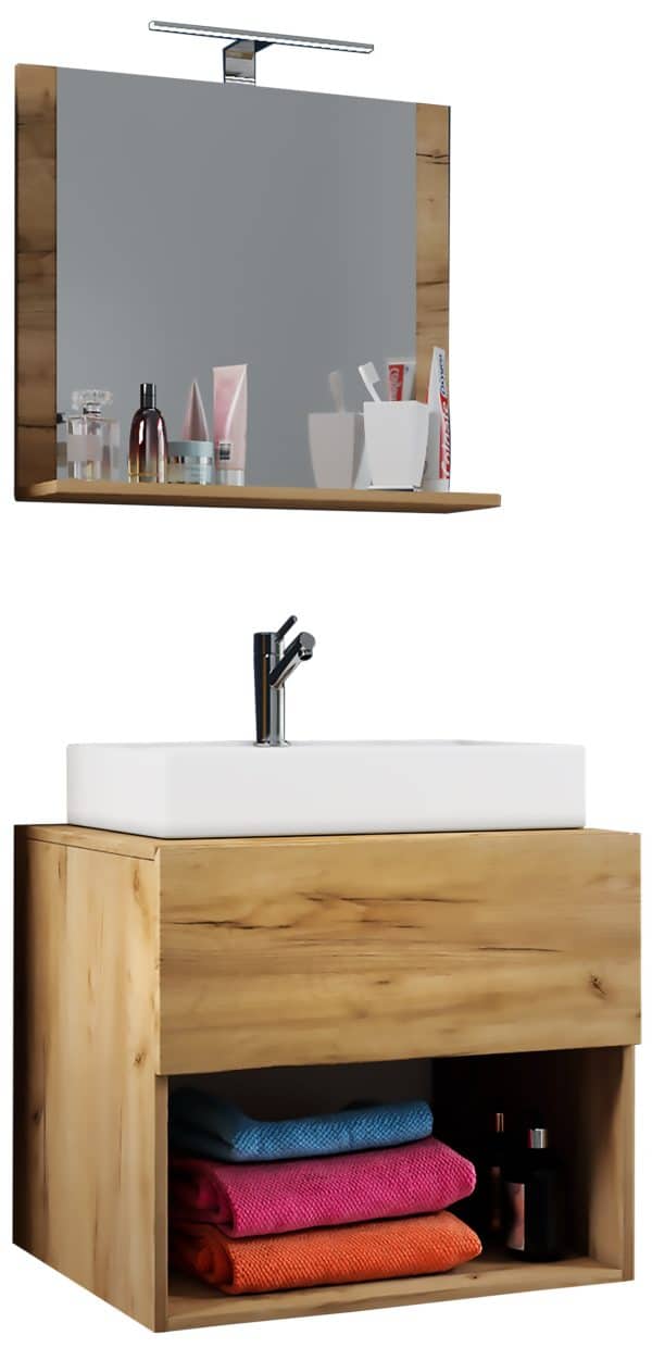 Badeværelsessæt med underskab, håndvask og vægspejl, h. 52 x b. 60 x d. 52 cm, naturfarvet