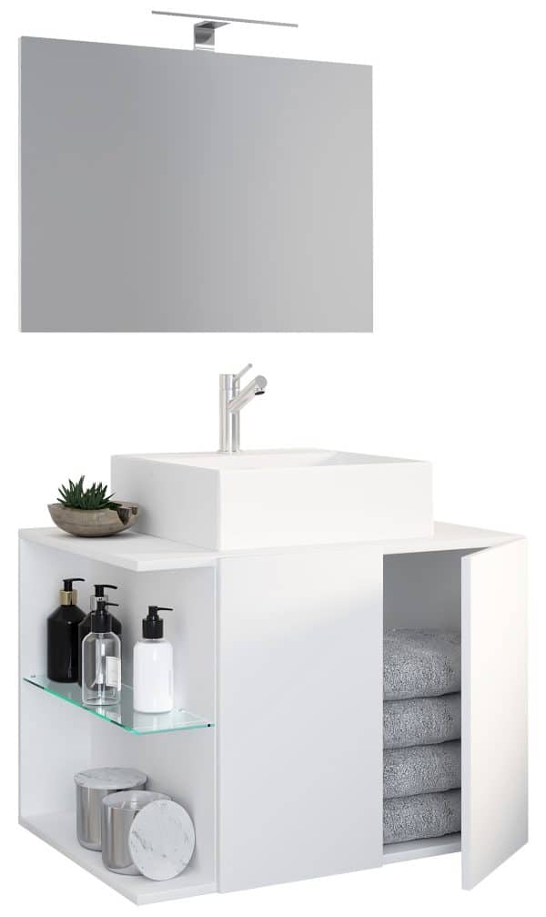Badeværelsessæt med underskab, håndvask og vægspejl, h. 52 x b. 73 x d. 52 cm, hvid