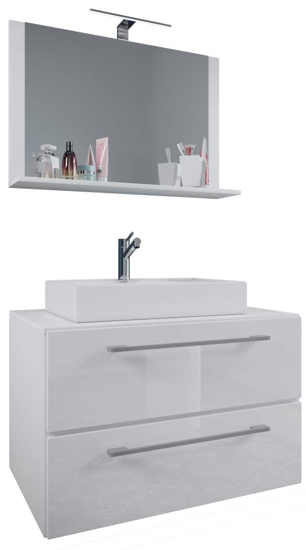 Badeværelsessæt med underskab, håndvask og vægspejl, h. 52 x b. 80 x d. 46 cm, hvid