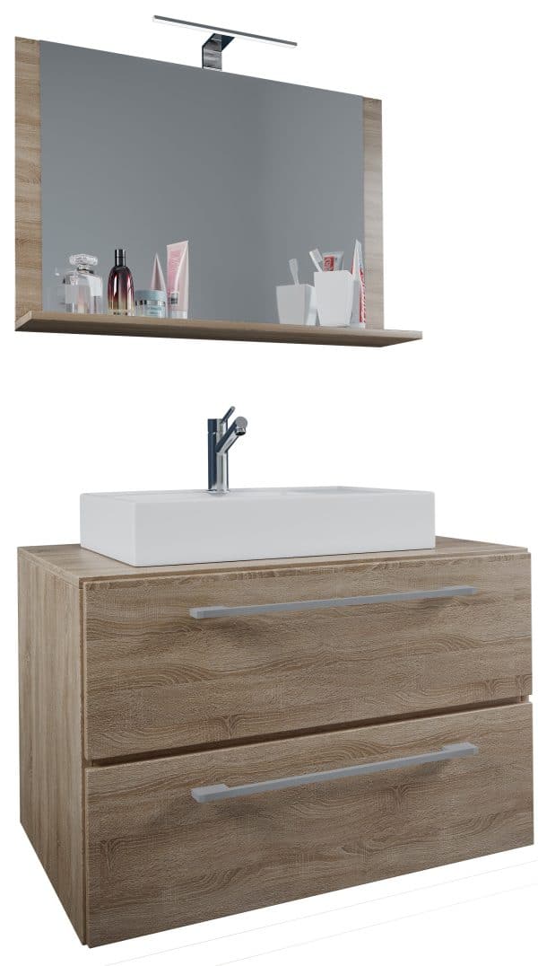 Badeværelsessæt med underskab, håndvask og vægspejl, h. 52 x b. 80 x d. 46 cm, naturfarvet