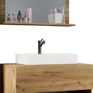 Badeværelsessæt med underskab, håndvask og vægspejl, h. 52 x b. 80 x d. 52 cm, naturfarvet