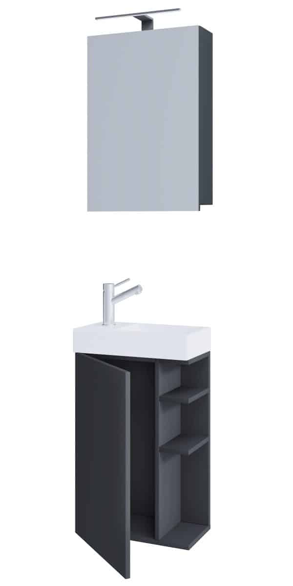 Badeværelsessæt med underskab, håndvask og vægspejl, h. 70 x b. 40 x d. 22 cm, antracit