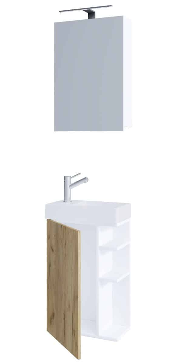 Badeværelsessæt med underskab, håndvask og vægspejl, h. 70 x b. 40 x d. 22 cm, naturfarvet
