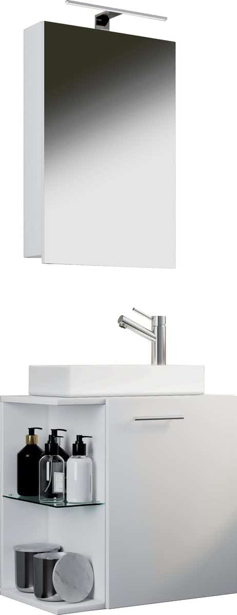 Badeværelsessæt med underskab, håndvask og vægspejl, hvid
