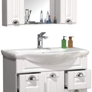 Badeværelsessæt med underskab, håndvask og vægspejl, landlig stil, hvid