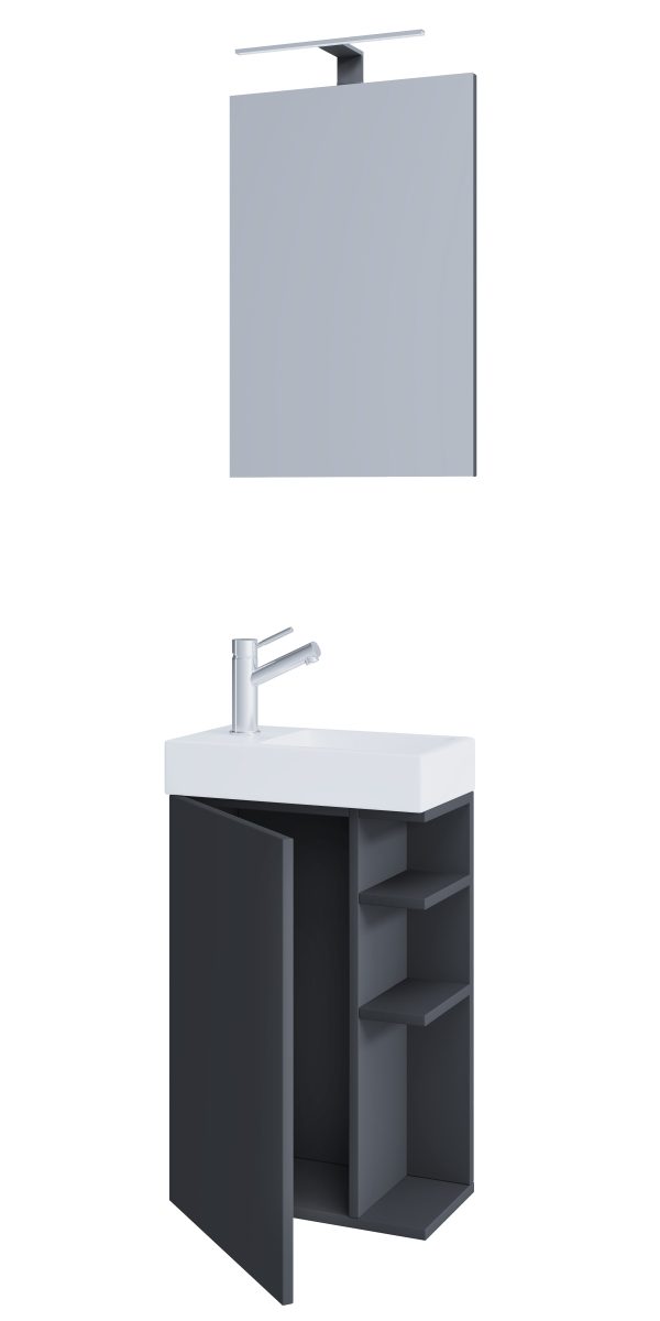 Badeværelsessæt med underskab, keramisk håndvask og vægspejl, antracit