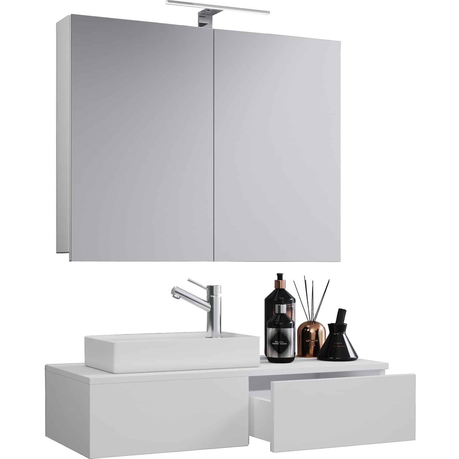 Gudas badeværelsesmøbelsæt - spejlglas, keramik og hvid melamin