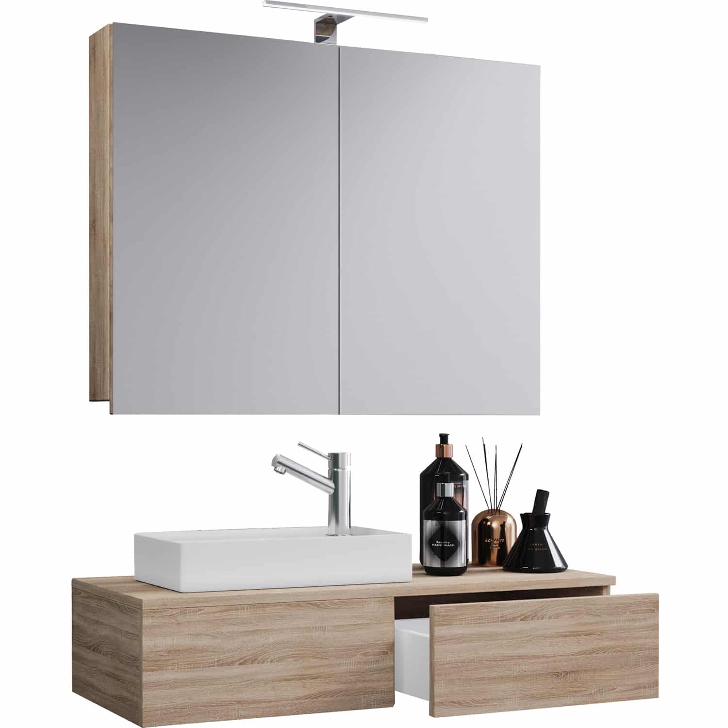 Gudas badeværelsesmøbelsæt - spejlglas, keramik og natur melamin