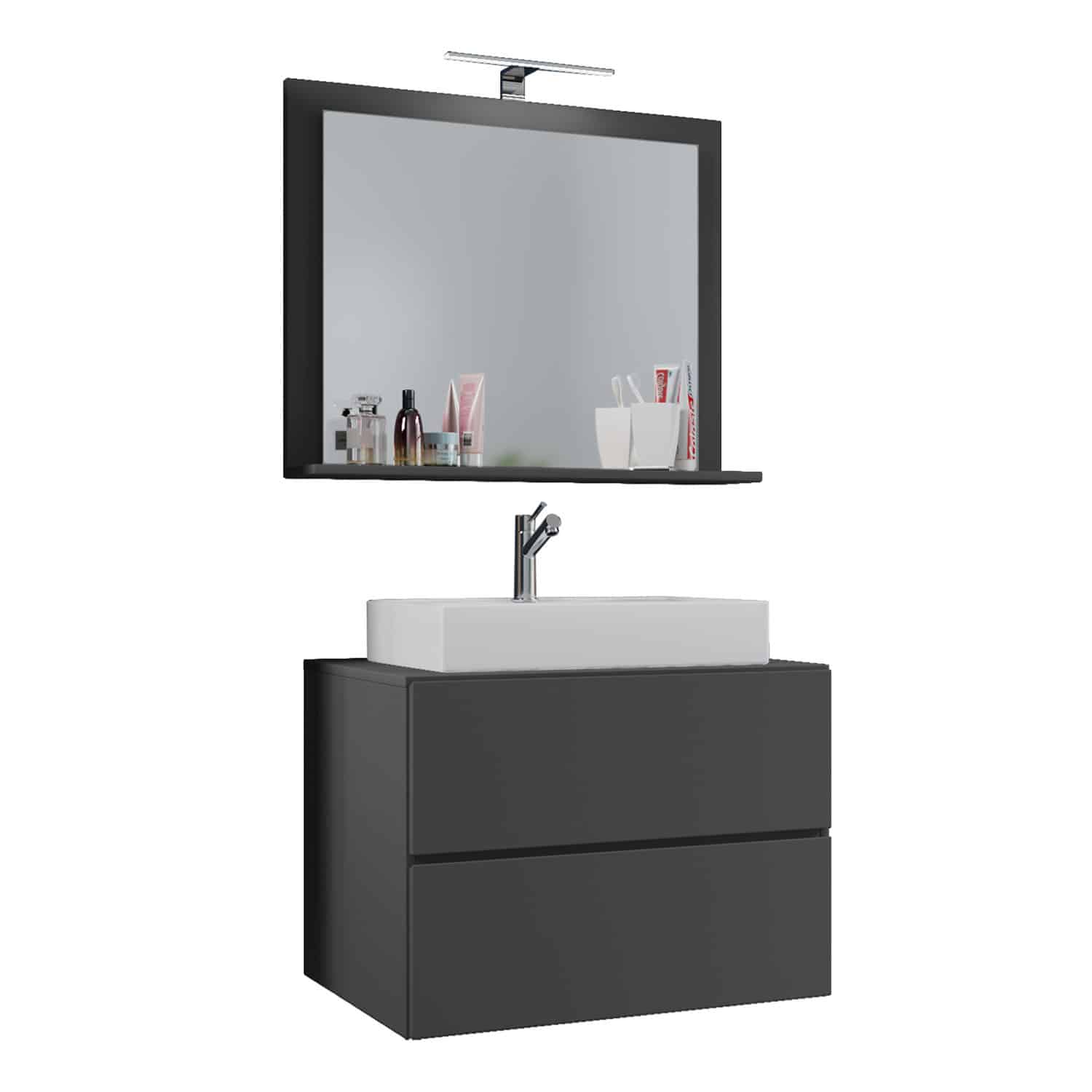 Lendas M badeværelsesmøbelsæt - spejlglas, keramik og antracitgrå melamin (sæt af 3)