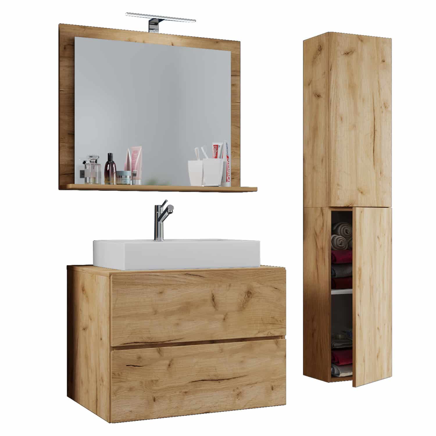 Lendas M badeværelsesmøbelsæt - spejlglas, keramik og naturfarvet melamin (sæt af 4)