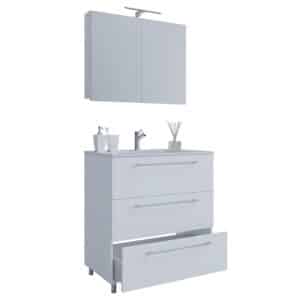 Sentas badeværelsesmøbelsæt, m. ben - spejlglas, keramik og hvid melamin
