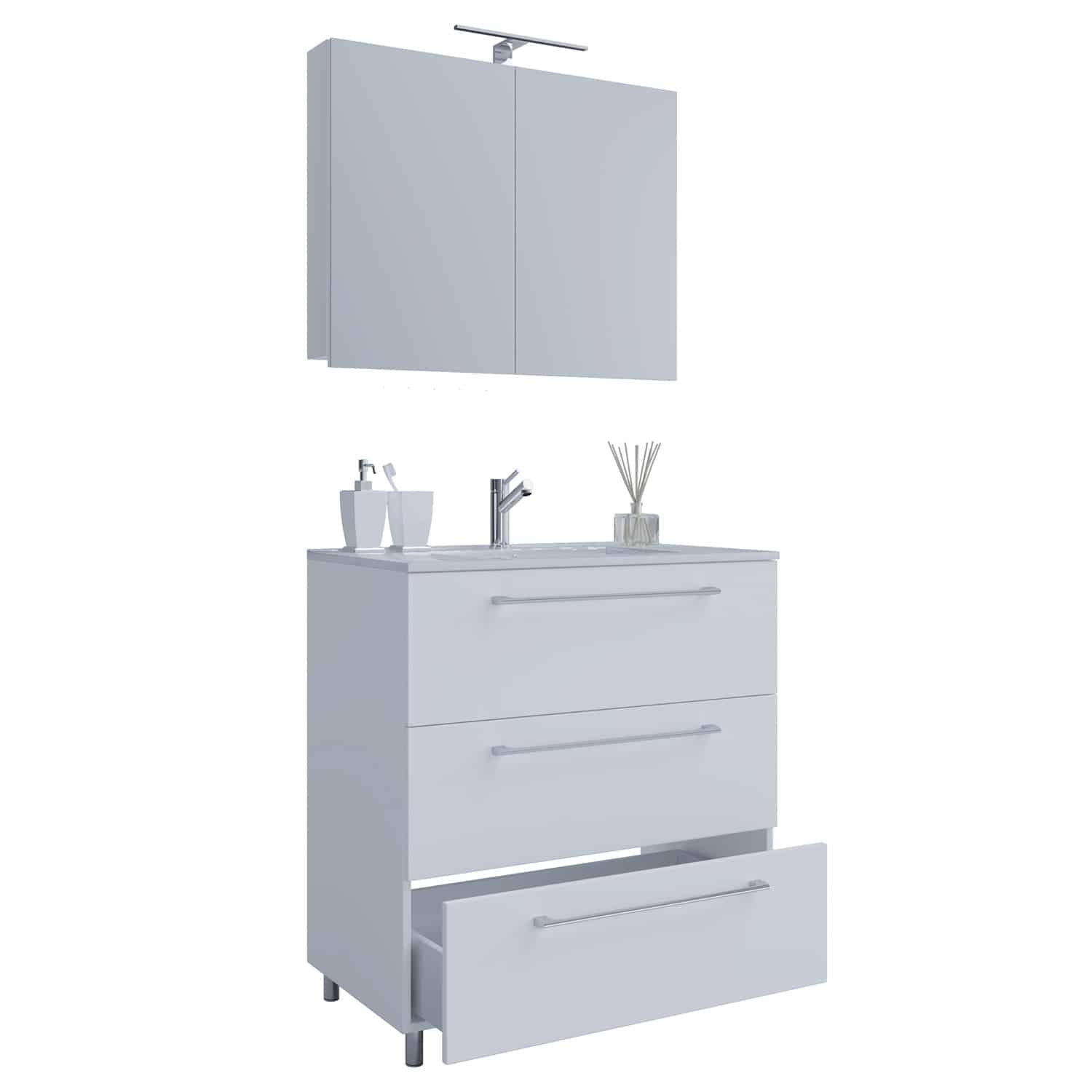 Sentas badeværelsesmøbelsæt, m. ben - spejlglas, keramik og hvid melamin