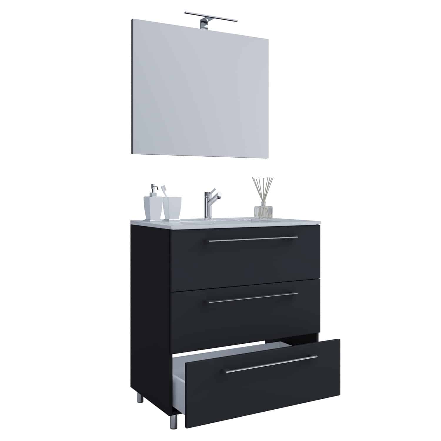 Sentas badeværelsesmøbelsæt, m. ben - spejlglas, keramik og sort melamin