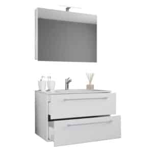 Sentas badeværelsesmøbelsæt - spejlglas, keramik og hvid melamin