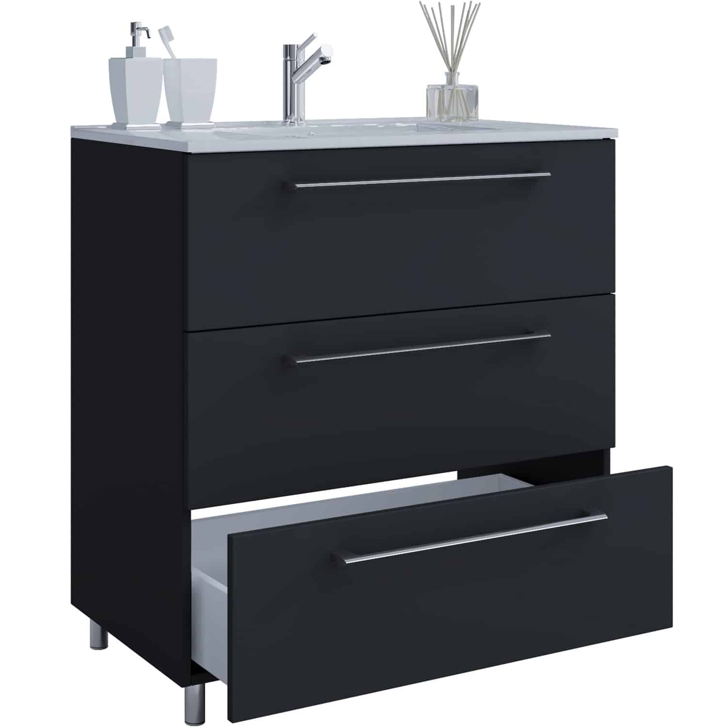 badeværelsesmøbelsæt, m. ben - keramik og sort melamin