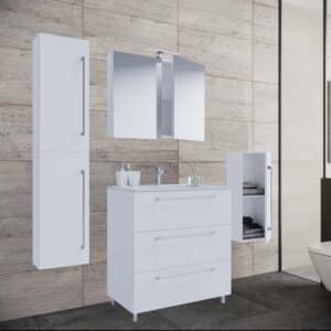 badeværelsesmøbelsæt - spejlglas, keramik og hvid melamin (sæt af 5)