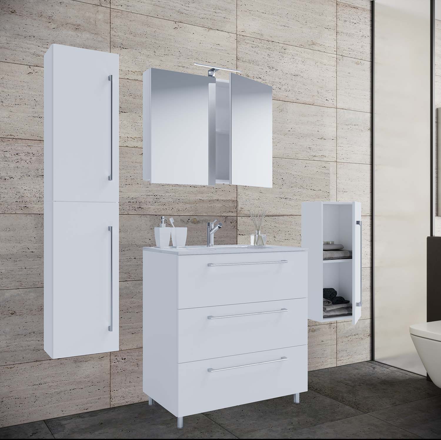 badeværelsesmøbelsæt - spejlglas, keramik og hvid melamin (sæt af 5)