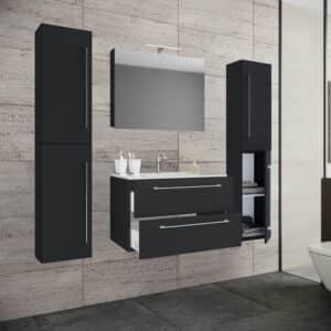 badeværelsesmøbelsæt - spejlglas, keramik og sort melamin (sæt af 5)