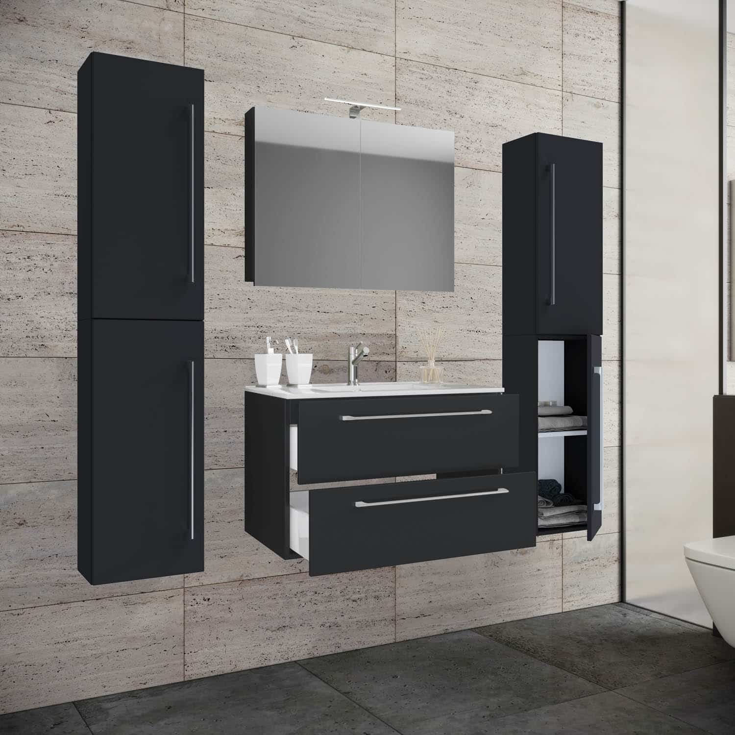 badeværelsesmøbelsæt - spejlglas, keramik og sort melamin (sæt af 5)