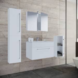 badeværelsesmøbelsæt - spejlglas, keramik og hvid melamin (sæt af 5)